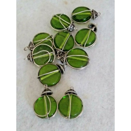 10 Wire Wrapped Green Glass Disk w/Cap